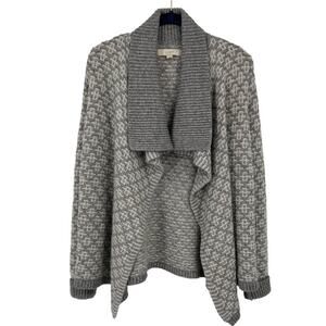 Loft Cardigan Sweater Size M Gray White Wool Mohair Ribbed Chunky Knit Open